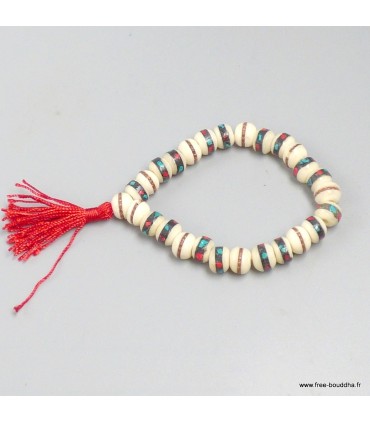 Bracelet mala tibétain en os de buffle blanc, 27 perles népalaises