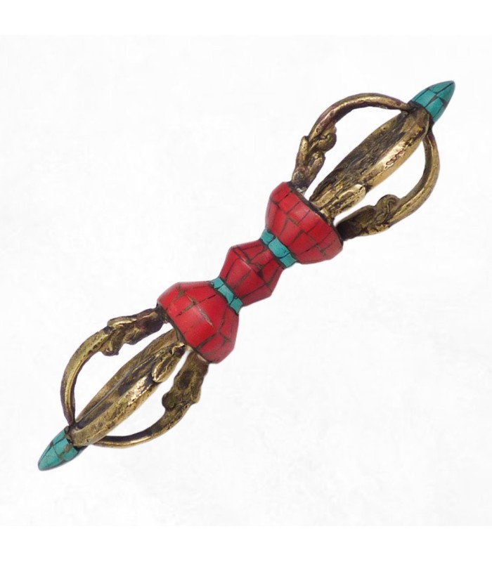 Vajra bouddhiste 16 cm – Dorjé tibétain 4 branches turquoise et corail