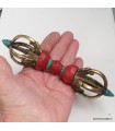 Vajra bouddhiste 16 cm – Dorjé tibétain 4 branches turquoise et corail