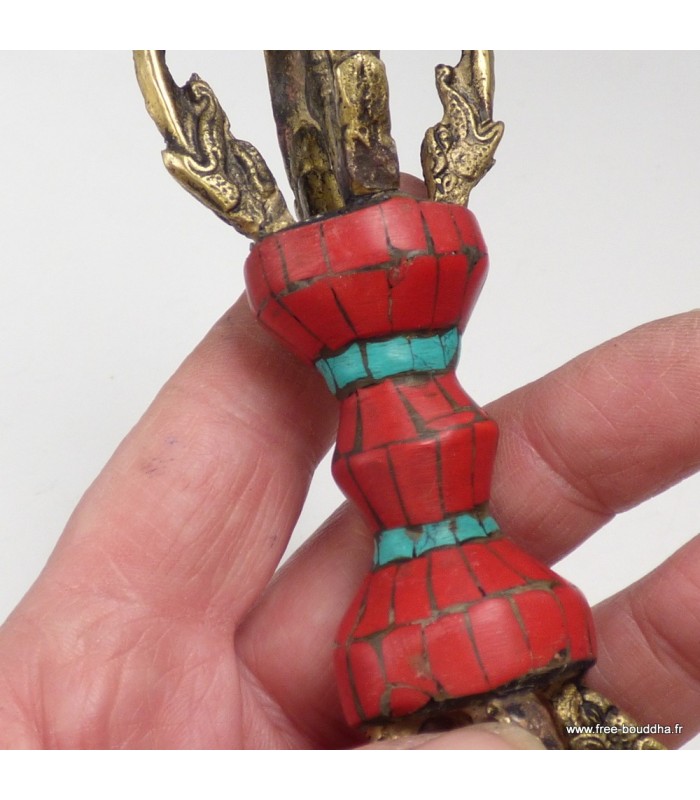 Vajra bouddhiste 16 cm – Dorjé tibétain 4 branches turquoise et corail