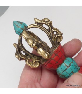 Dorjé vajra tibétain 15 cm en laiton, pierres naturelles turquoise