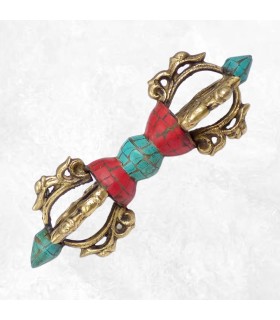 Dorjé vajra tibétain 15 cm en laiton, pierres naturelles turquoise