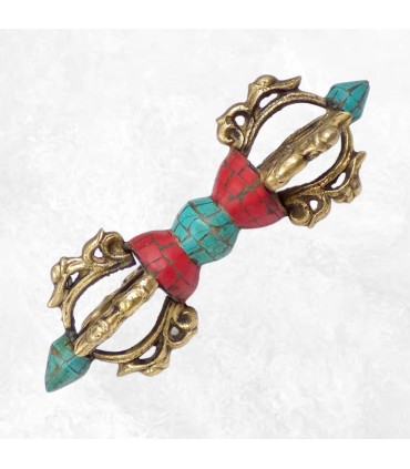 Dorjé vajra tibétain 15 cm en laiton, pierres naturelles turquoise