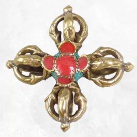 Double dorjé bouddhiste coloré, vajra de voyage 4 branches - Dordjé, double dorjé (sans cloche)