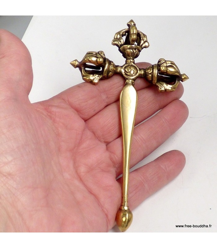 Vajra tibétain tige longue 13 cm – Dorjé 3 faces artisanal Népal