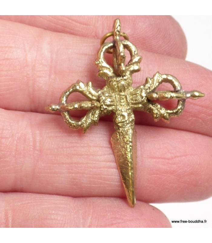 Pendentif phurba 3,6 cm en laiton – Dorjé tibétain + cordelette