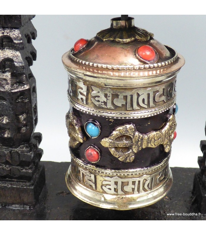 Moulin bouddhiste sur socle bois 22 cm – Dorjé – Népal