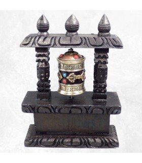 Moulin bouddhiste sur socle bois 22 cm – Dorjé – Népal