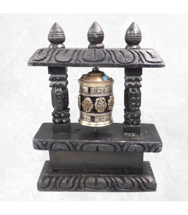 Moulin à prière tibétain sur socle bois – Signes Auspicieux – 22 cm