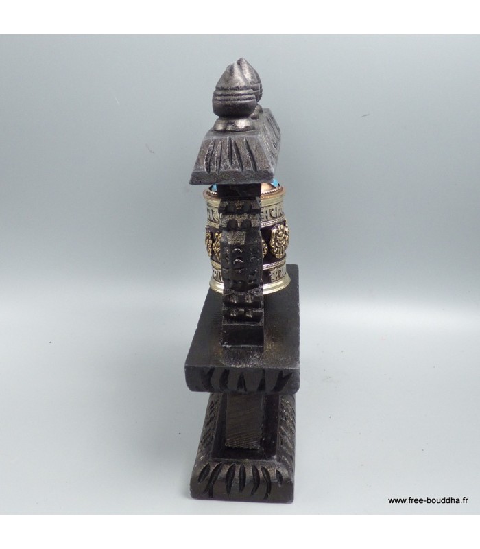 Moulin à prière tibétain sur socle bois – Signes Auspicieux – 22 cm
