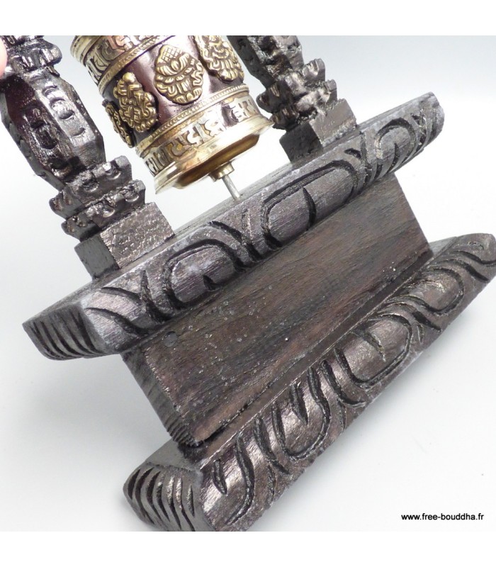 Moulin à prière tibétain sur socle bois – Signes Auspicieux – 22 cm