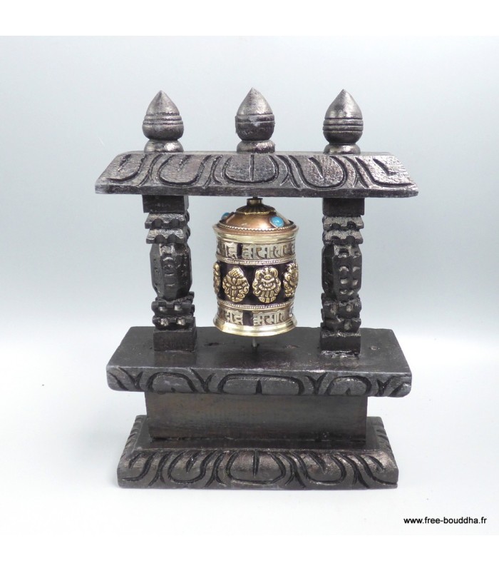 Moulin à prière tibétain sur socle bois – Signes Auspicieux – 22 cm