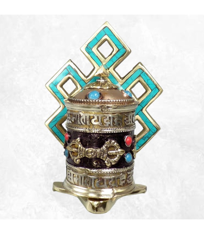 Moulin tibétain artisanal – Turquoise, dorjés et mantras – 11,5 cm