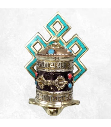 Moulin tibétain artisanal – Turquoise, dorjés et mantras – 11,5 cm