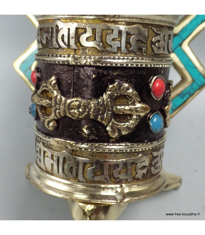Moulin tibétain artisanal – Turquoise, dorjés et mantras – 11,5 cm