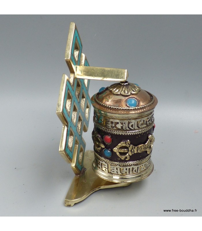 Moulin tibétain artisanal – Turquoise, dorjés et mantras – 11,5 cm