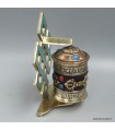 Moulin tibétain artisanal – Turquoise, dorjés et mantras – 11,5 cm