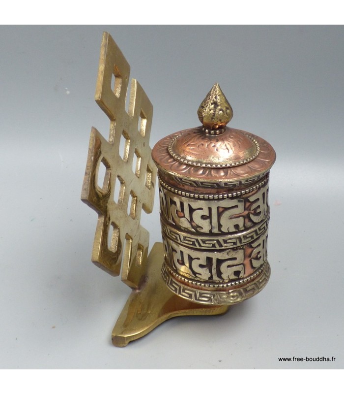 Moulin à prières tibétain en laiton – Nœud sans fin mural – 11,5 cm