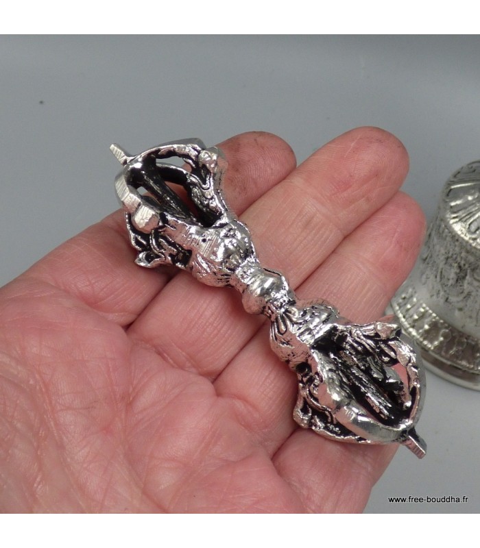 Cloche de méditation tibétaine – Bronze plaqué argent – 13 cm