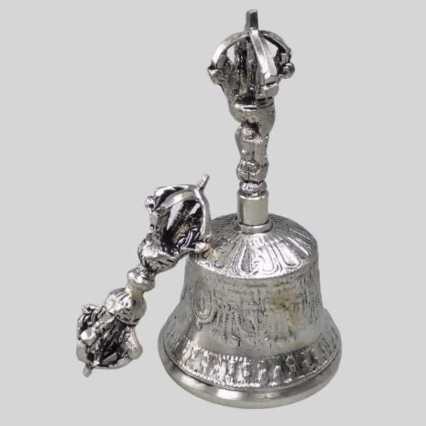 Cloche tibétaine et dorjé plaqué argent 15 cm - Cloche tibétaine et dorjé tibétain