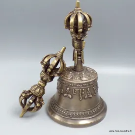 Cloche tibétaine en bronze de qualité et dorjé, 18 cm - Cloche tibétaine et dorjé tibétain