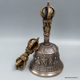 Cloche bouddhiste en bronze 16 cm et son dorjé - Cloche tibétaine et dorjé tibétain