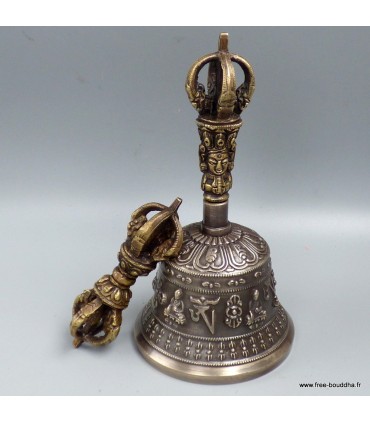 Cloche rituelle bouddhiste en bronze 16 cm, fabrication artisanale Népal