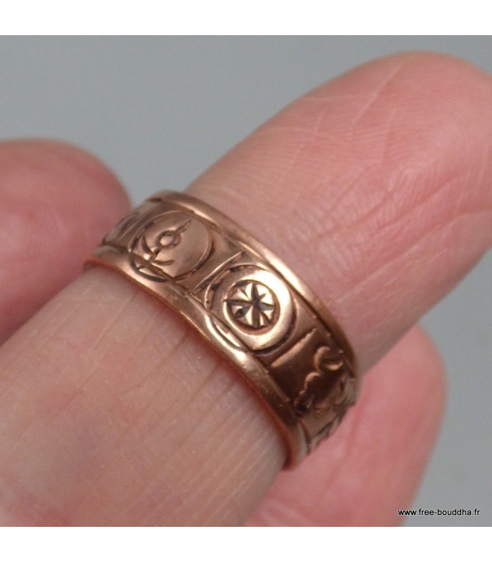 Bague bouddhiste en cuivre 8 signes auspicieux – Taille ajustable