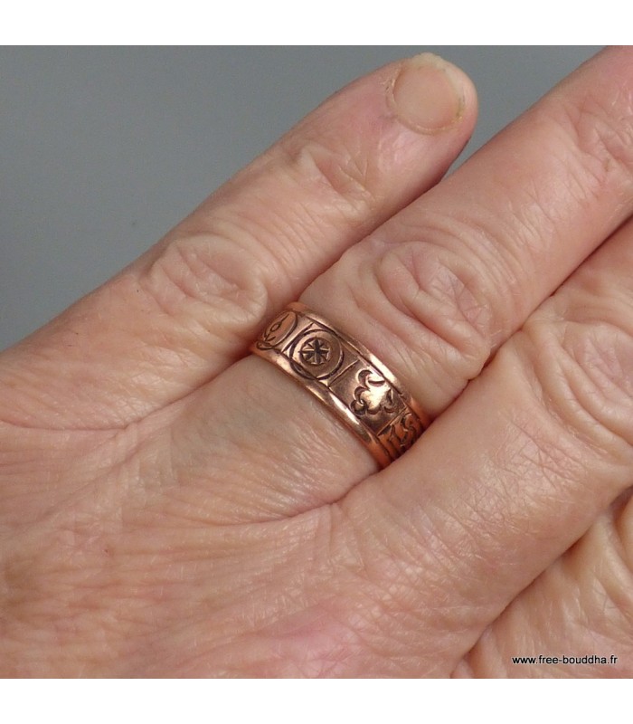 Bague bouddhiste en cuivre 8 signes auspicieux – Taille ajustable