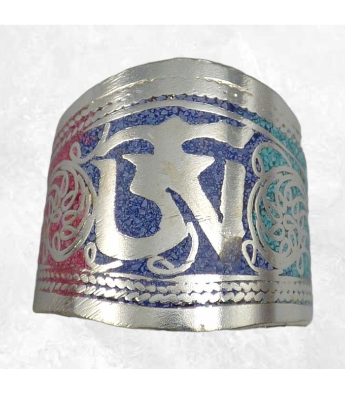 Bague tibétaine authentique tricolore Om tibétain artisanale
