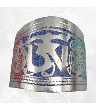 Bague tibétaine authentique tricolore Om tibétain artisanale