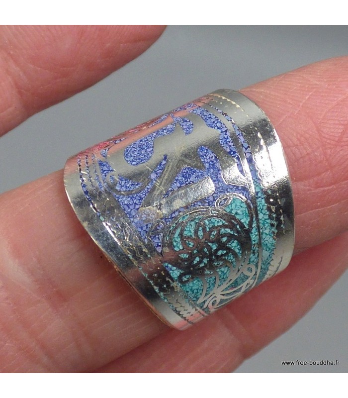 Bague tibétaine authentique tricolore Om tibétain artisanale