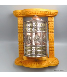 Grand moulin à prières tibétain mural cuivre bois Népal, 26 cm
