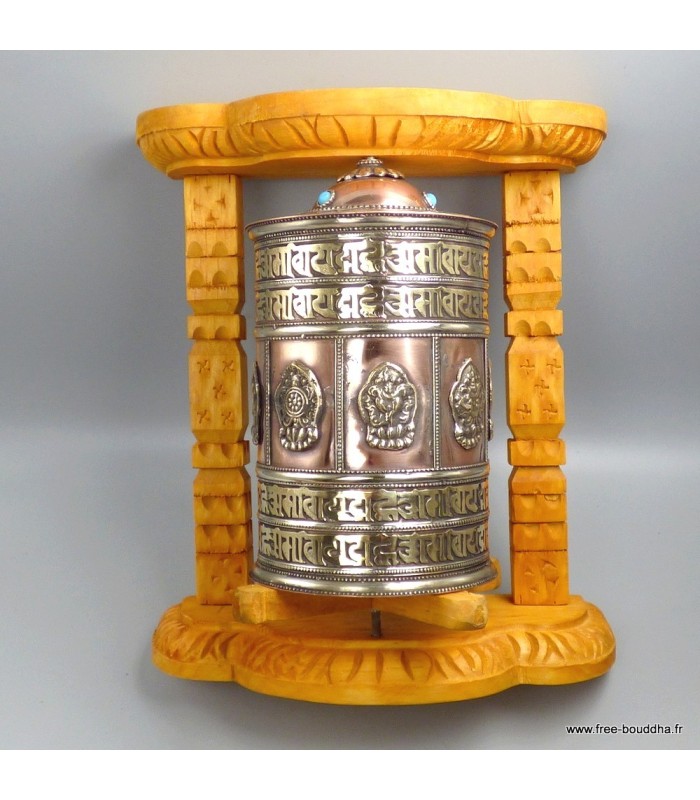 Grand moulin à prières tibétain mural cuivre bois Népal, 26 cm