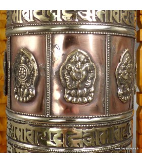 Grand moulin à prières tibétain mural cuivre bois Népal, 26 cm