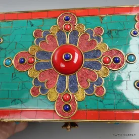 Grosse boîte à bijoux tibétaine sertie de pierres - Artisanat tibétain bouddhiste