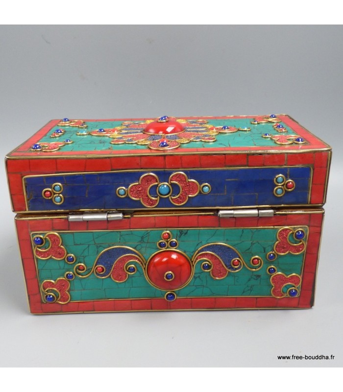Boîte à bijoux tibétaine RARE, pierres naturelles dorjé Népal