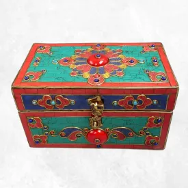 Grosse boîte à bijoux tibétaine sertie de pierres - Artisanat tibétain bouddhiste