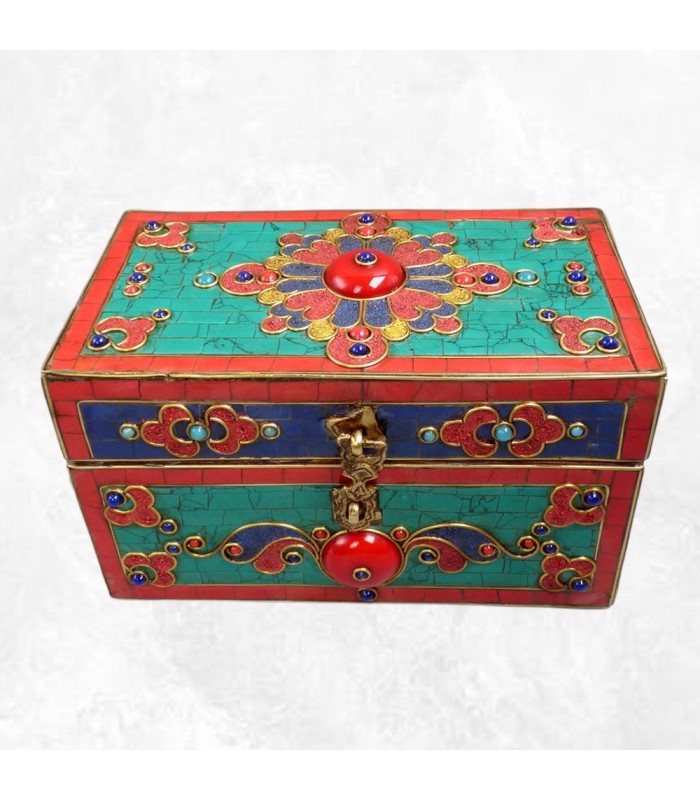 Boîte à bijoux tibétaine RARE, pierres naturelles dorjé Népal