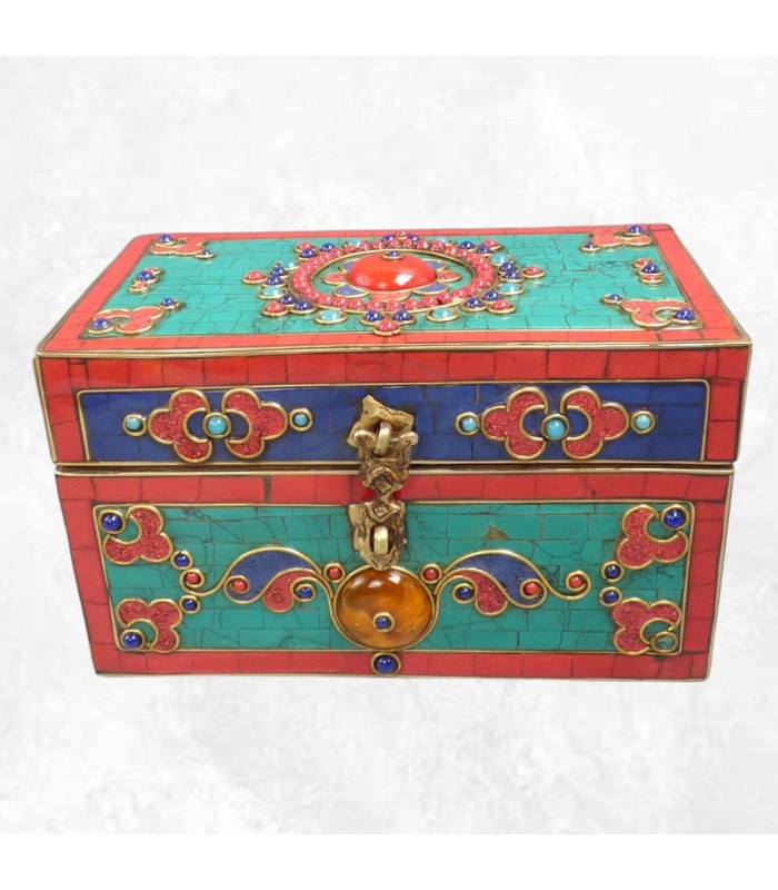 Boîte à bijoux tibétaine RARE pierres naturelles Roue du Dharma Népal