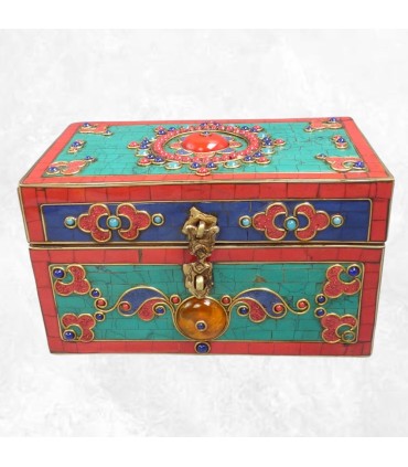 Boîte à bijoux tibétaine RARE pierres naturelles Roue du Dharma Népal