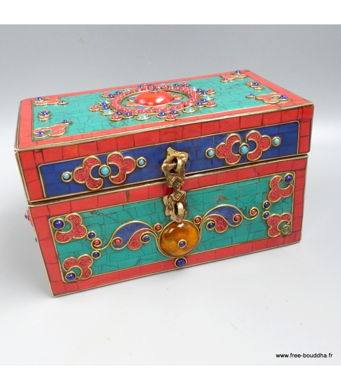 Boîte à bijoux tibétaine RARE pierres naturelles Roue du Dharma Népal