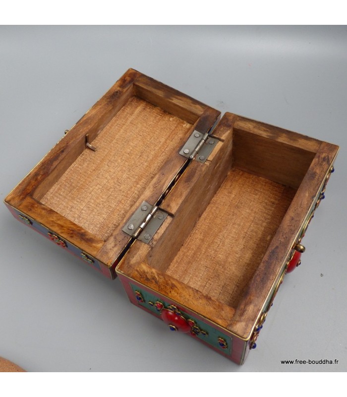 Boîte à bijoux tibétaine RARE pierres naturelles Roue du Dharma Népal