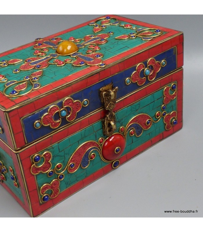 Boîte à bijoux tibétaine pierres naturelles double dorjé Népal