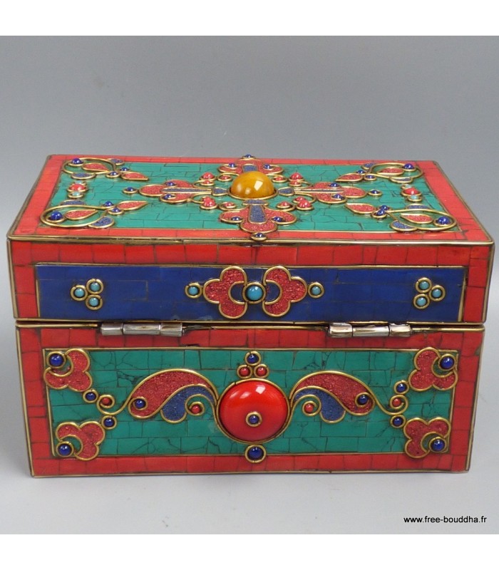 Boîte à bijoux tibétaine pierres naturelles double dorjé Népal