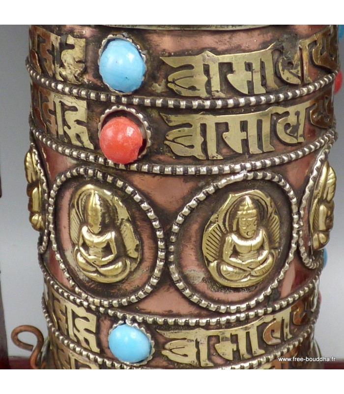 Moulin à prières bouddhiste de table, 22,5 cm bois et cuivre - Népal