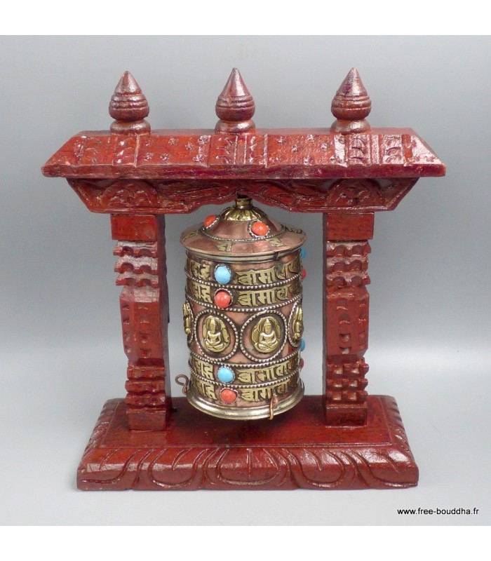 Moulin à prières bouddhiste de table, 22,5 cm bois et cuivre - Népal