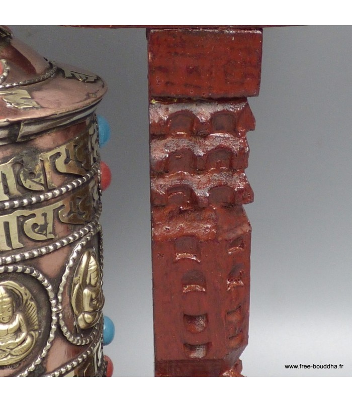 Moulin à prières bouddhiste de table, 22,5 cm bois et cuivre - Népal