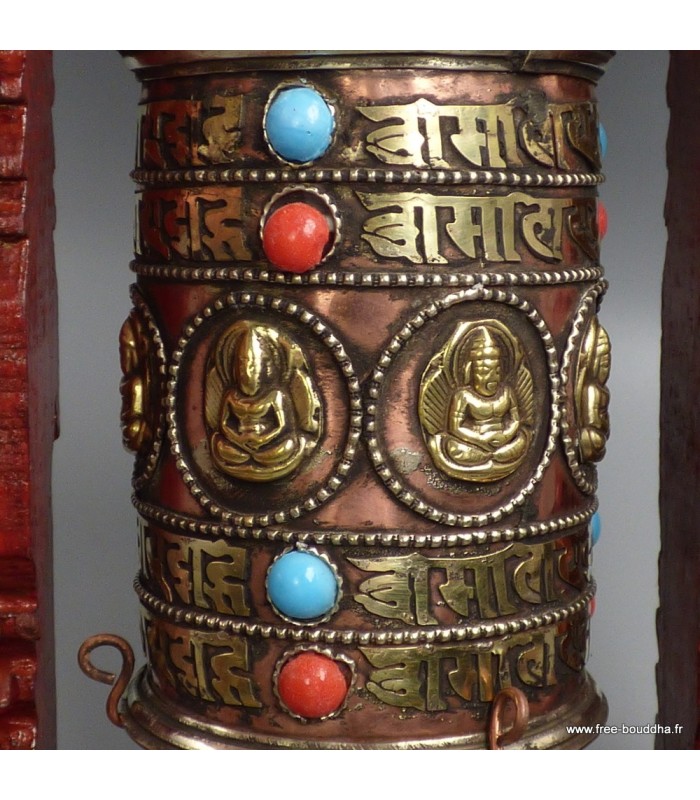 Moulin à prières bouddhiste de table, 22,5 cm bois et cuivre - Népal