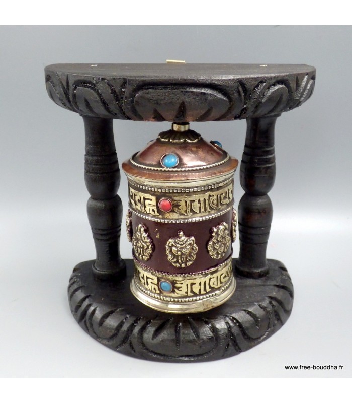 Moulin à prières mural 14 cm bois sombre – signes auspicieux